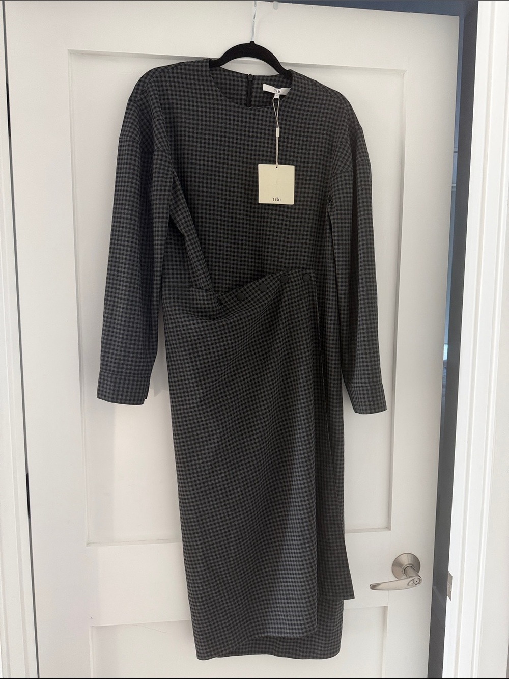 NWT Tibi Black & Gray Houndstooth Long-Sleeve asymmetrical Midi Dress